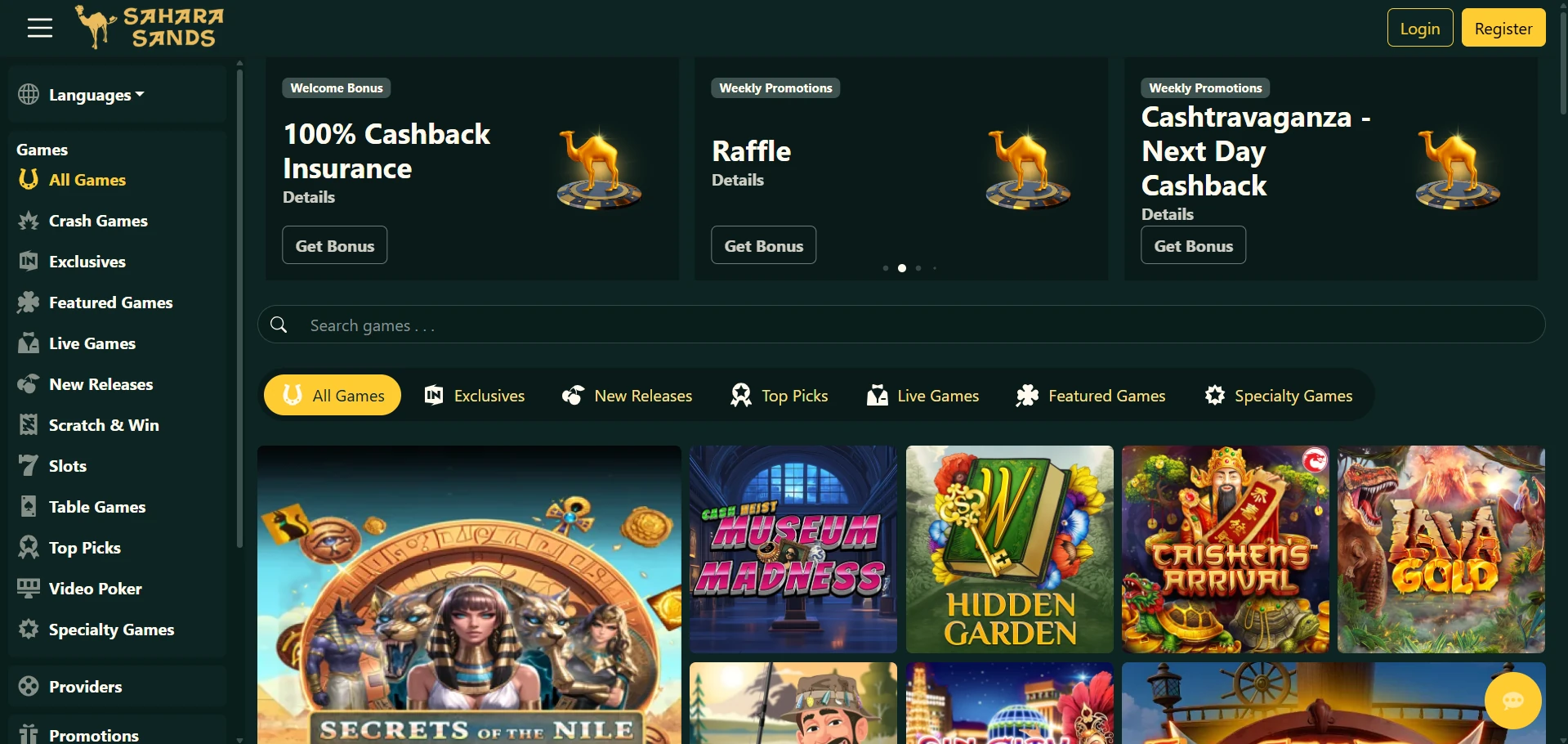 Sahara Sands Casino home page with the gold camel logo, the Cashback Insurance welcome card and the game lobby